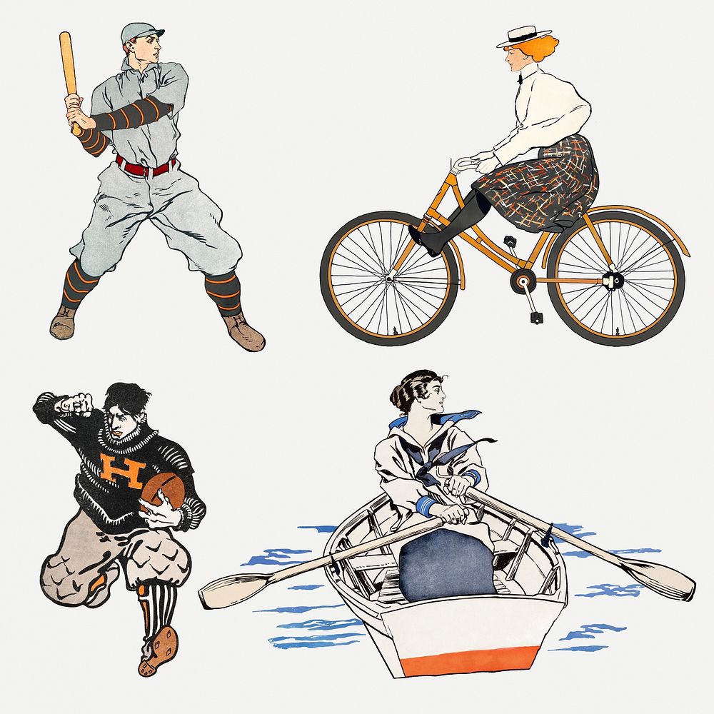 Vintage American sport psd illustration set, remixed from artworks by Edward Penfield