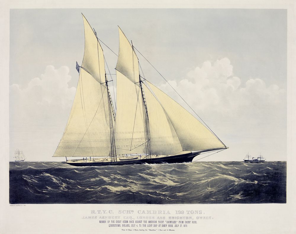 Chromolithograph of R.T.Y.C. Schr. Cambria, published by Currier & Ives. Original from Library of Congress. Digitally…