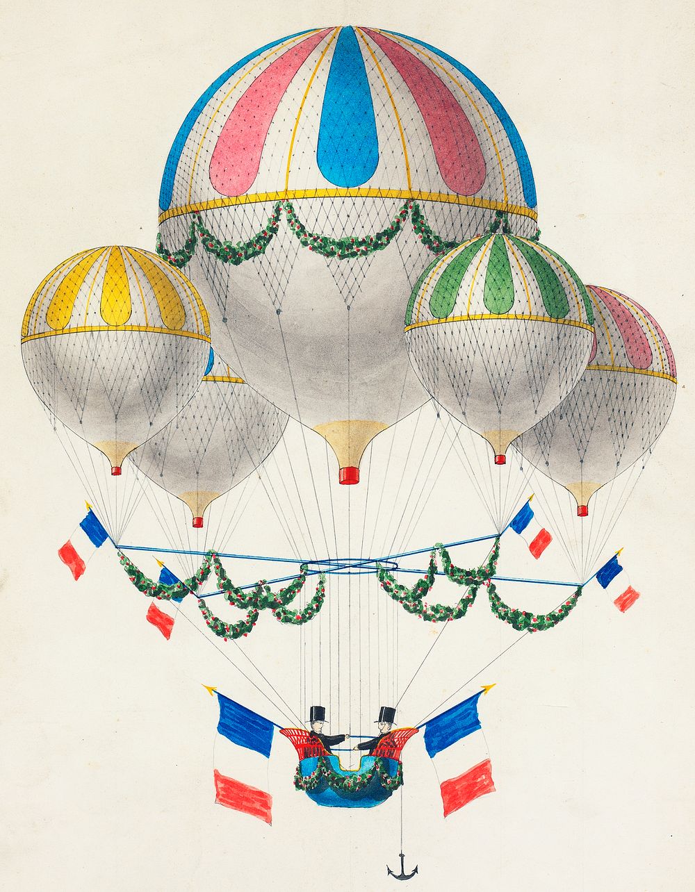 French flag decorated group of air balloons harnessed together, by Leon Benett (1917) or Alphonse-Marie-Adolphe de Neuville…