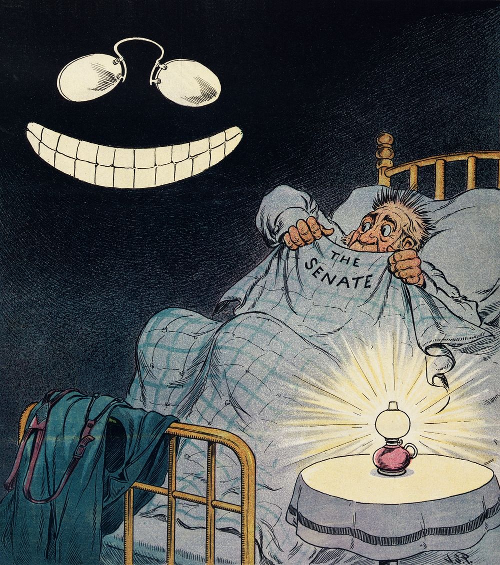 The Latest Thing in Nightmares by John. S Pughe (1870-1909), a commentary cartoon with eyeglasses and teeth resembling…