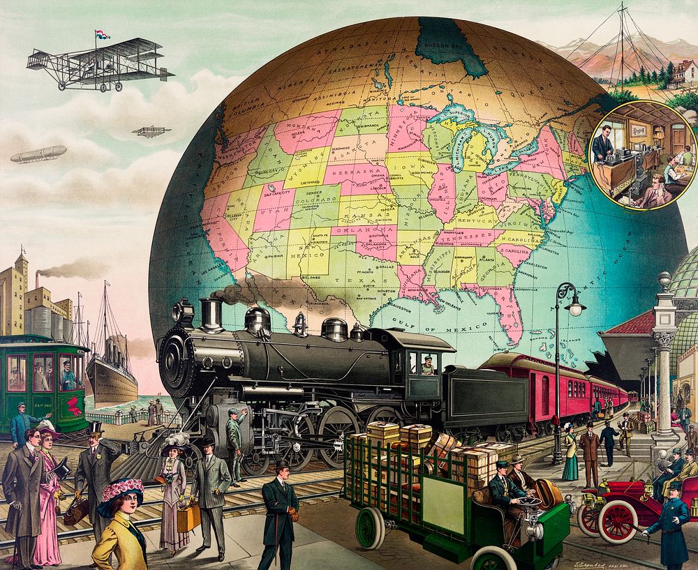 Twentieth Century Transportation, a chromolithograph by E.S Yate. Original from Library of Congress. Digitally enhanced by…