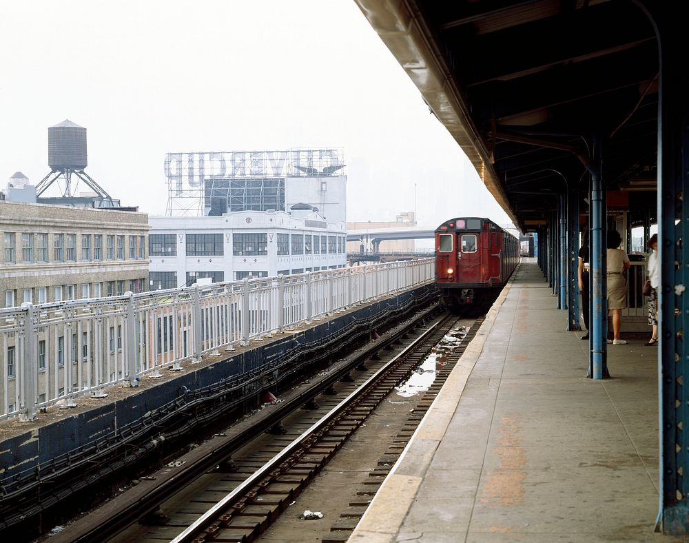 New York subway train arrives at a station in Brooklyn. Original image from Carol M. Highsmith&rsquo;s America, Library of…