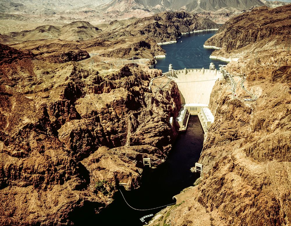 Aerial view of Hoover Dam. Original image from Carol M. Highsmith&rsquo;s America, Library of Congress collection. Digitally…