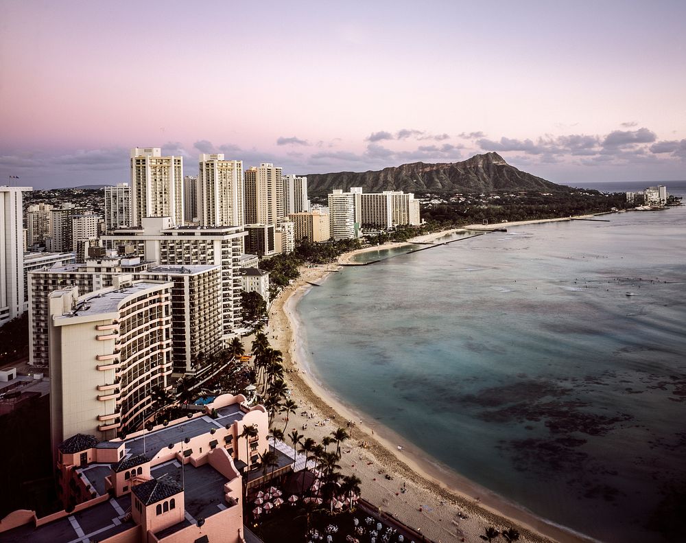Dusk view of Waikiki Beach in Honolulu, Hawaii. Original image from Carol M. Highsmith&rsquo;s America, Library of Congress…