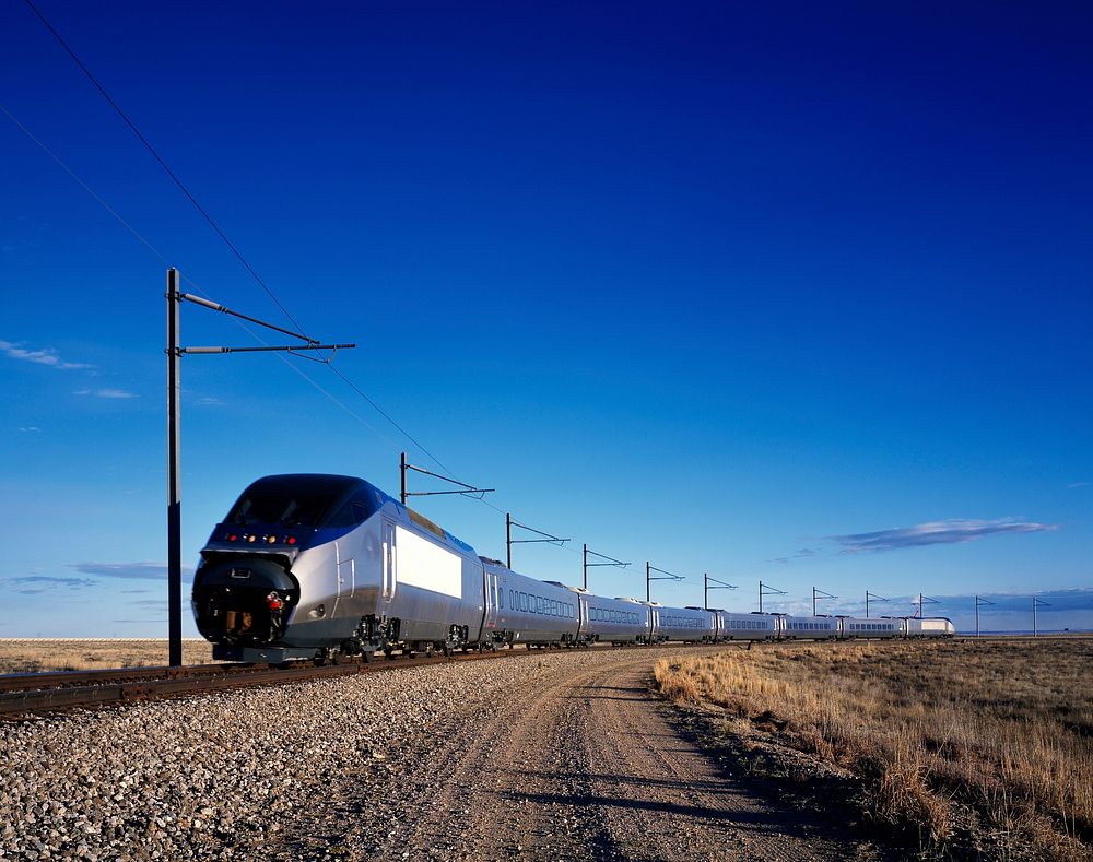 Testing of the Amtrak Acela high-speed train in Pueblo, Colorado before it was put into service on the East Coast. Original…