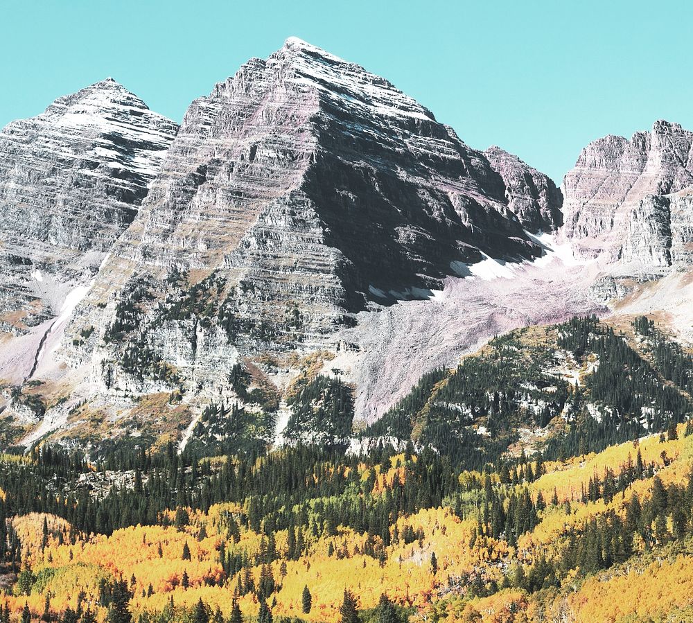 The Maroon Bells, just outside Aspen in Colorado's Rocky Mountains USA - Fall aspens in San Juan County, Colorado USA -…