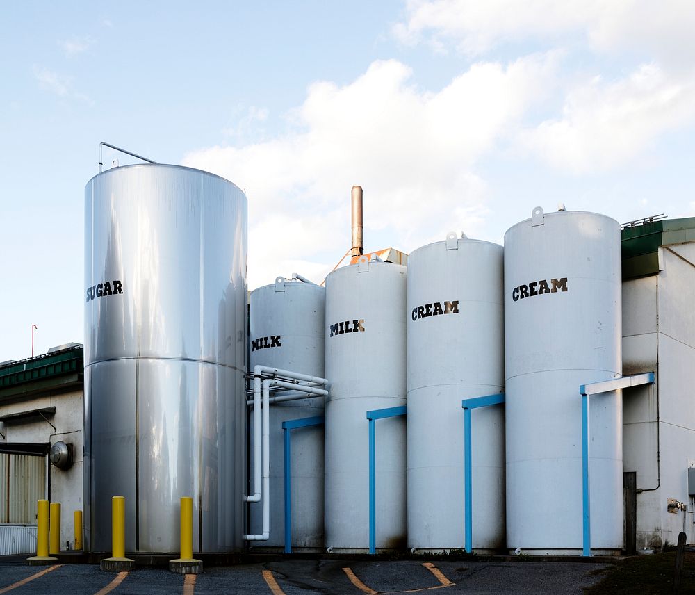 Silo-sized containers of ice cream ingredients at the Ben and Jerry's Ice Cream Factory in South Burlington, Vermont.…