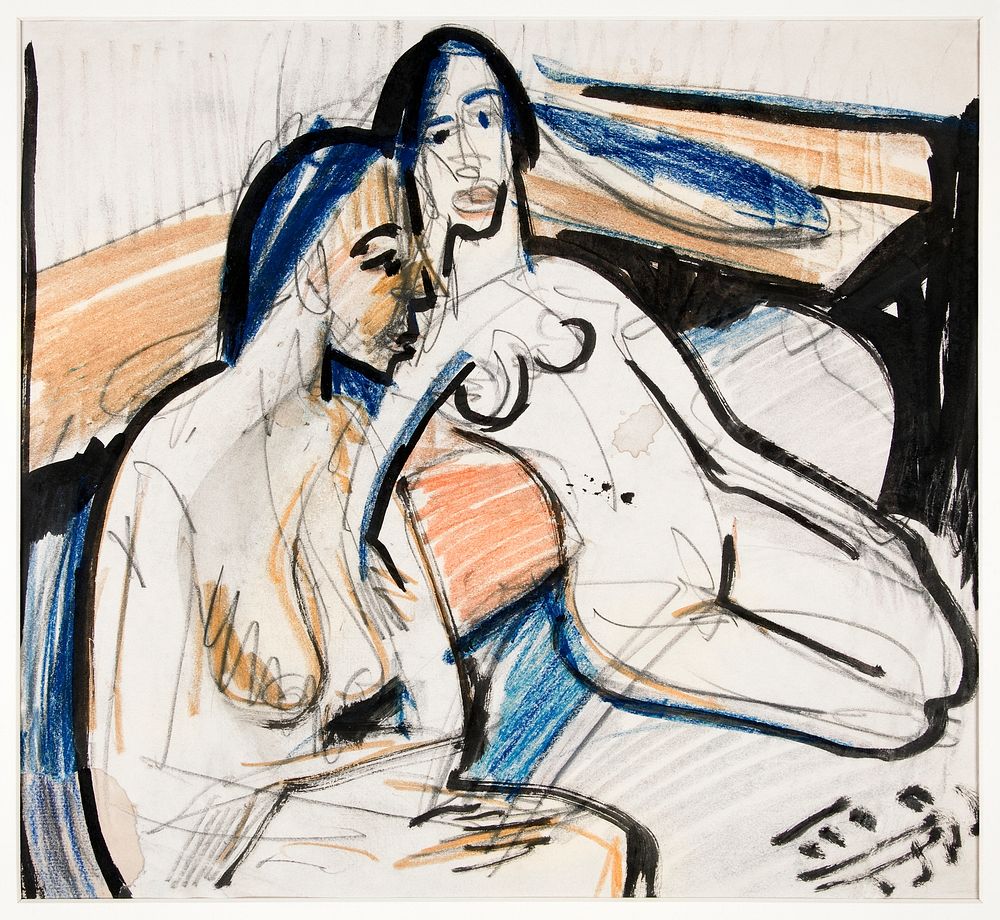 Two Seated Women in Studio (1912) drawing in high resolution by Ernst Ludwig Kirchner. Original from Yale University Art…