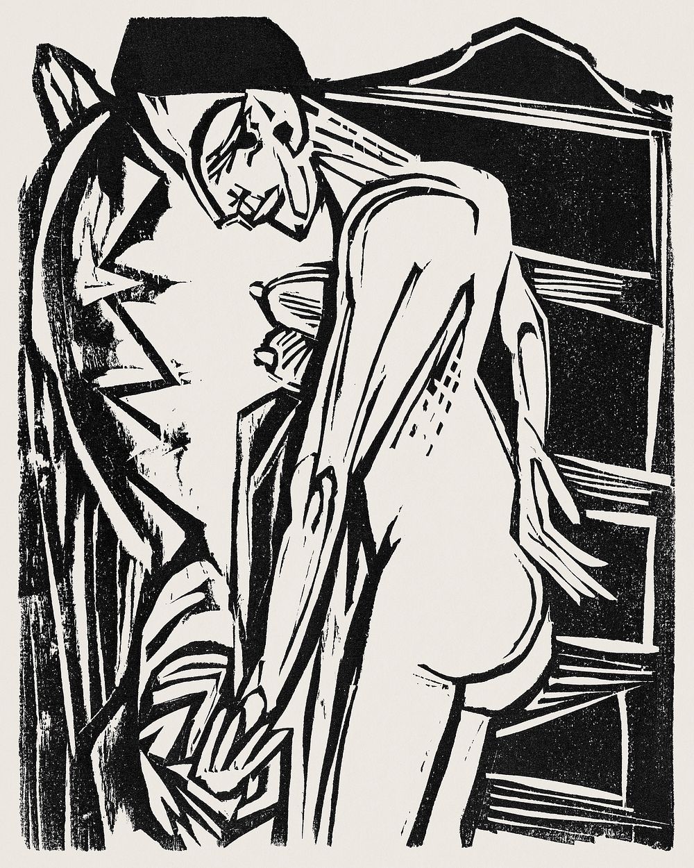 Female Nude Before a Cabinet (1916) print in high resolution by Ernst Ludwig Kirchner. Original from The National Gallery of…