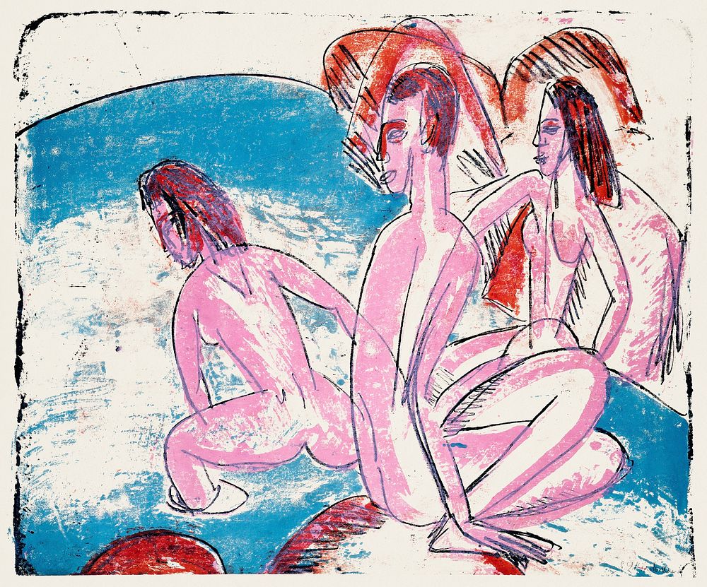 Three Bathers by Stones (1913) print in high resolution by Ernst Ludwig Kirchner. Original from The National Gallery of Art.…