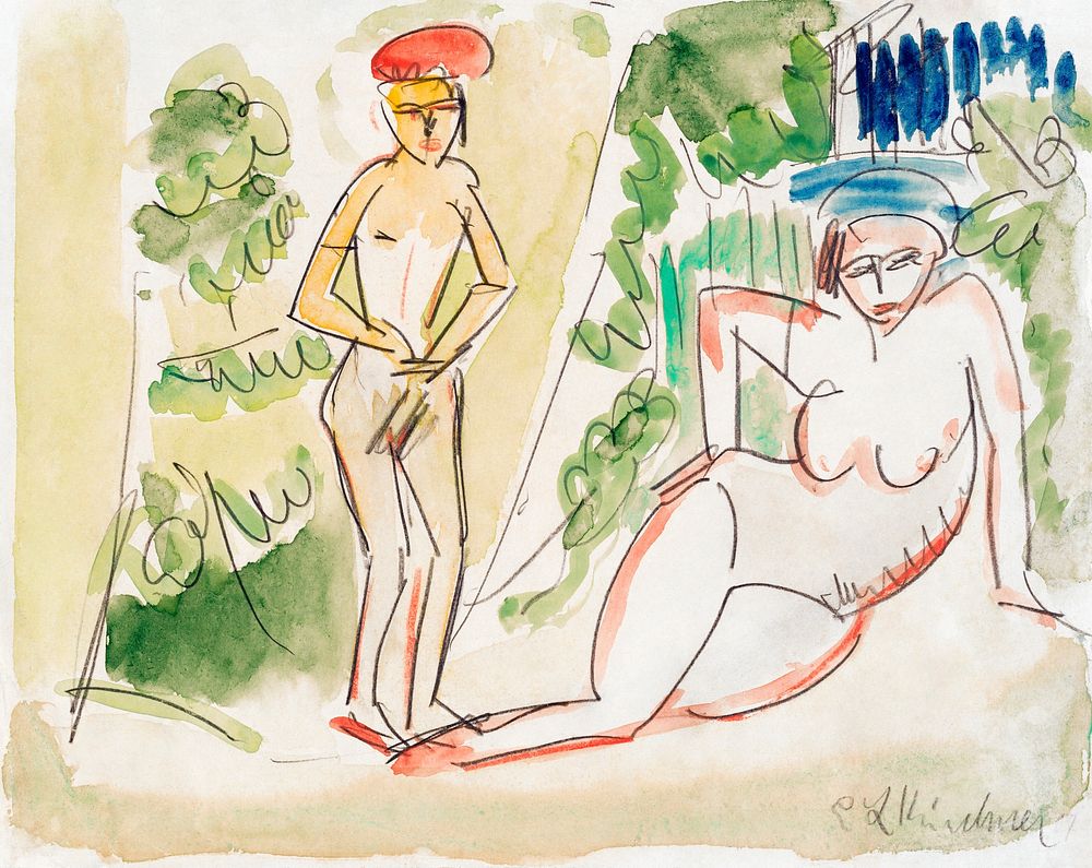 Two Bathers near the Woods (ca.1910&ndash;1911) painting in high resolution by Ernst Ludwig Kirchner. Original from The…