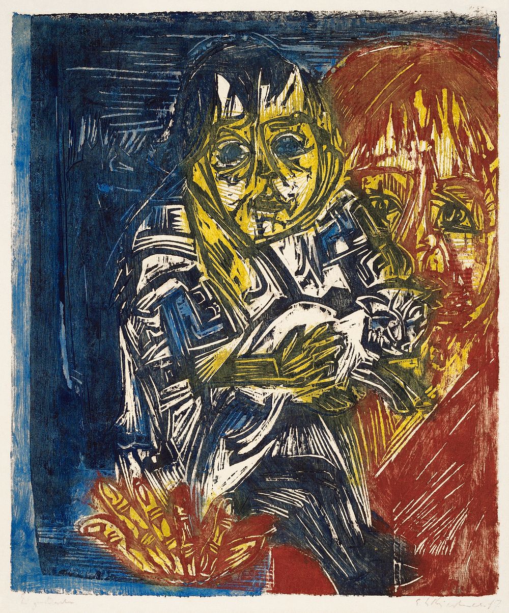 Woman with a Child and a Cat (1919) print in high resolution by Ernst Ludwig Kirchner. Original from The National Gallery of…