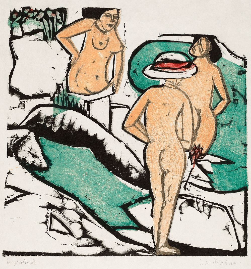 Women Bathing Between White Stones (1912) print in high resolution by Ernst Ludwig Kirchner. Original from The National…