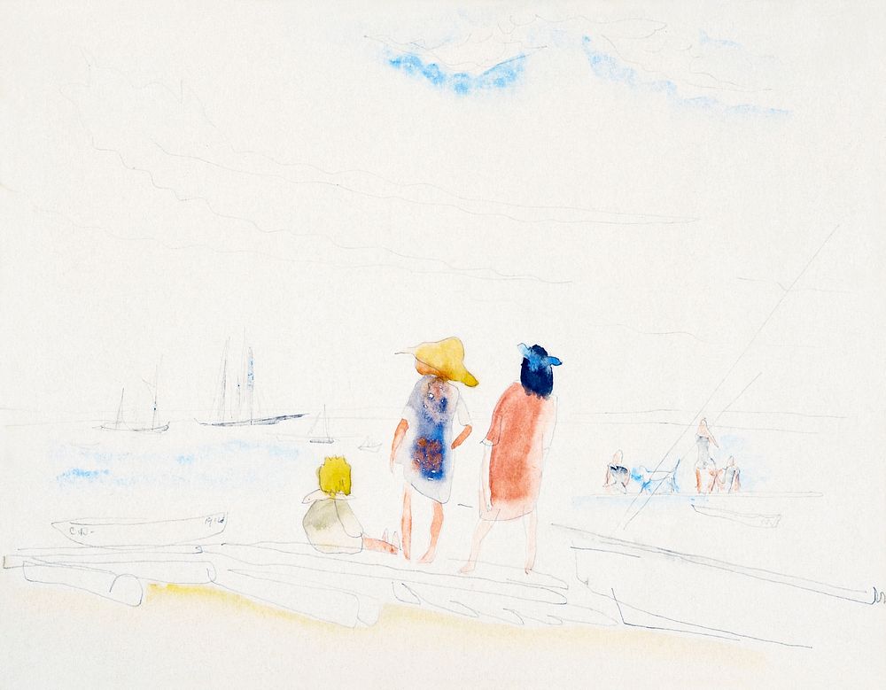Two Women and Child on Beach (1916) painting in high resolution by Charles Demuth. Original from The Barnes Foundation.…