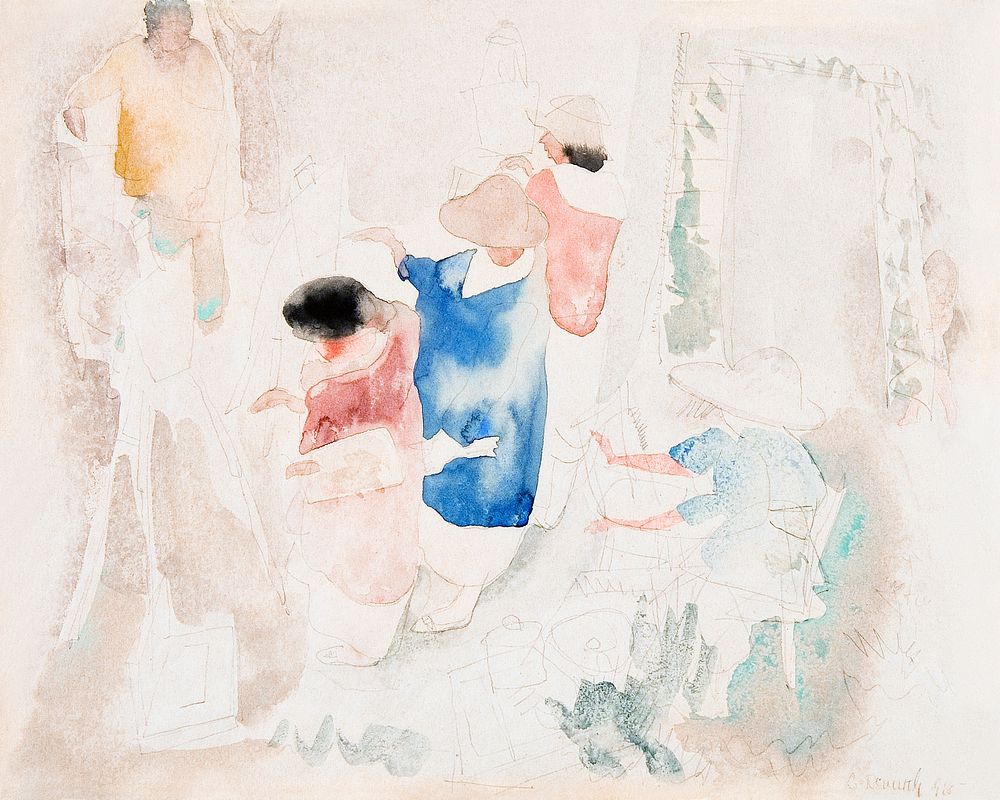 Artists Sketching (1916) painting in high resolution by Charles Demuth. Original from The Barnes Foundation. Digitally…