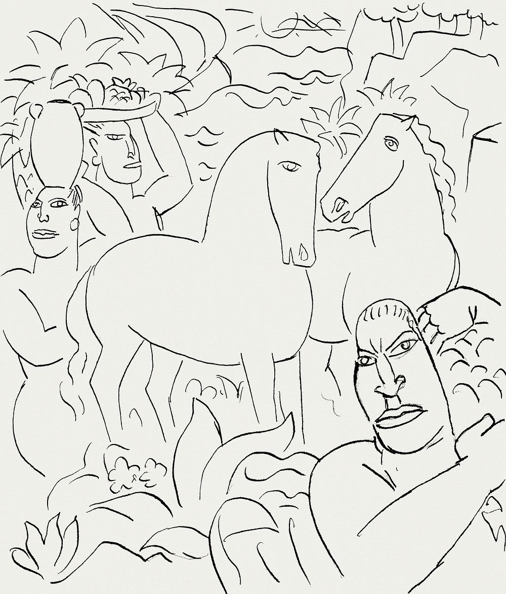 Landscape with a man, two women and horses (ca. 1891&ndash;1941) drawing in high resolution by Leo Gestel. Original from The…