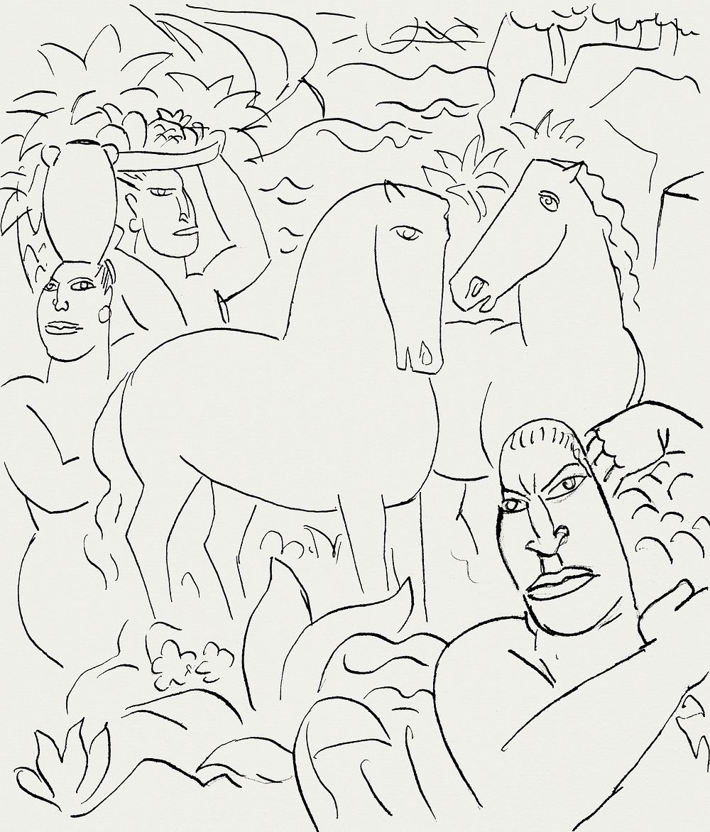 Landscape with a man, two women and horses (ca. 1891–1941) drawing in high resolution by Leo Gestel. Original from The…