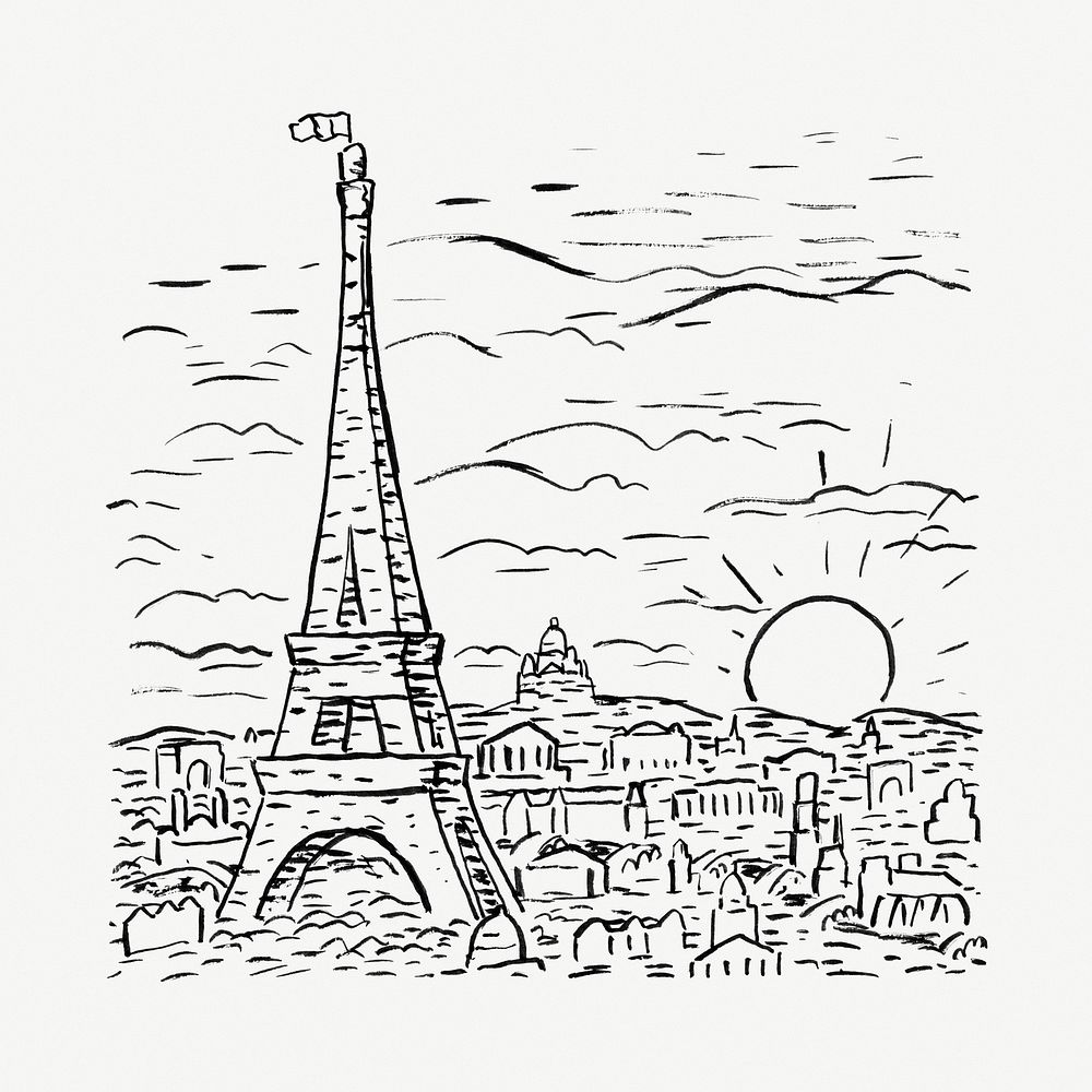 Eiffel tower psd vintage illustration, remixed from artworks from Leo Gestel