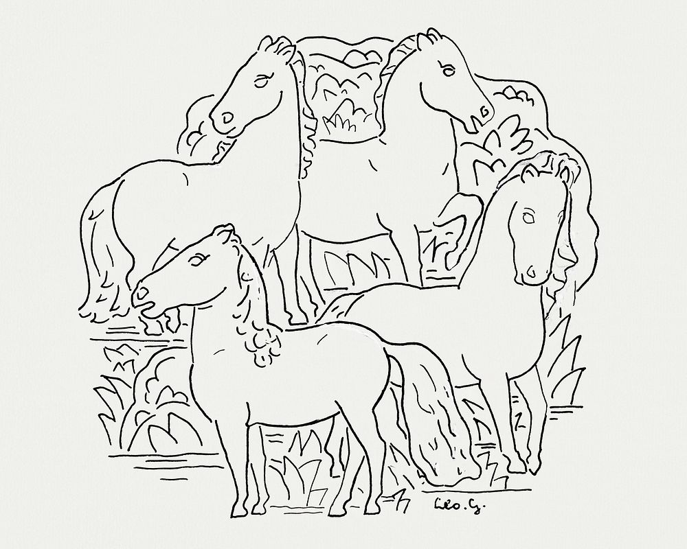 Four horses (ca. 1891&ndash;1941) drawing in high resolution by Leo Gestel. Original from The Rijksmuseum. Digitally…