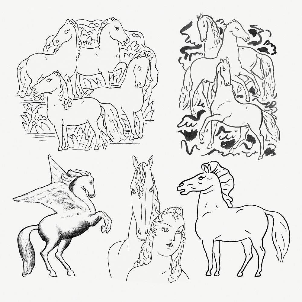 Vintage horse psd hand drawn illustration set, remixed from artworks from Leo Gestel