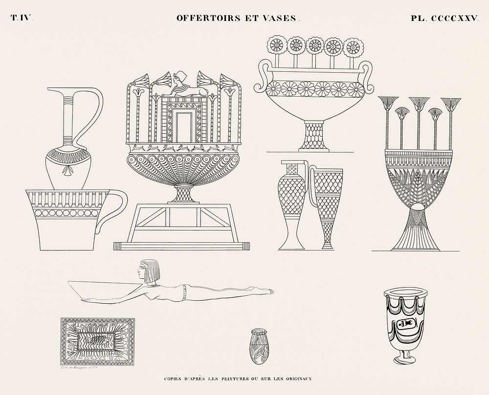 Vintage illustration of Offertoirs and vases from the paintings or originals from Monuments de l'&Eacute;gypte et de la…