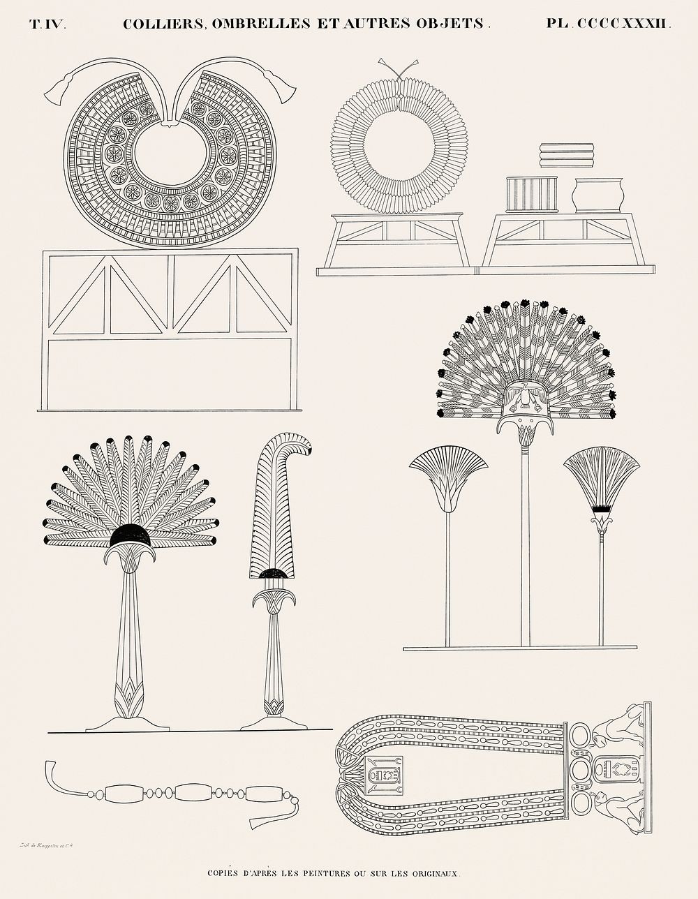 Necklaces, umbrellas and other objects copied from the paintings or the originals from Monuments de l'&Eacute;gypte et de la…
