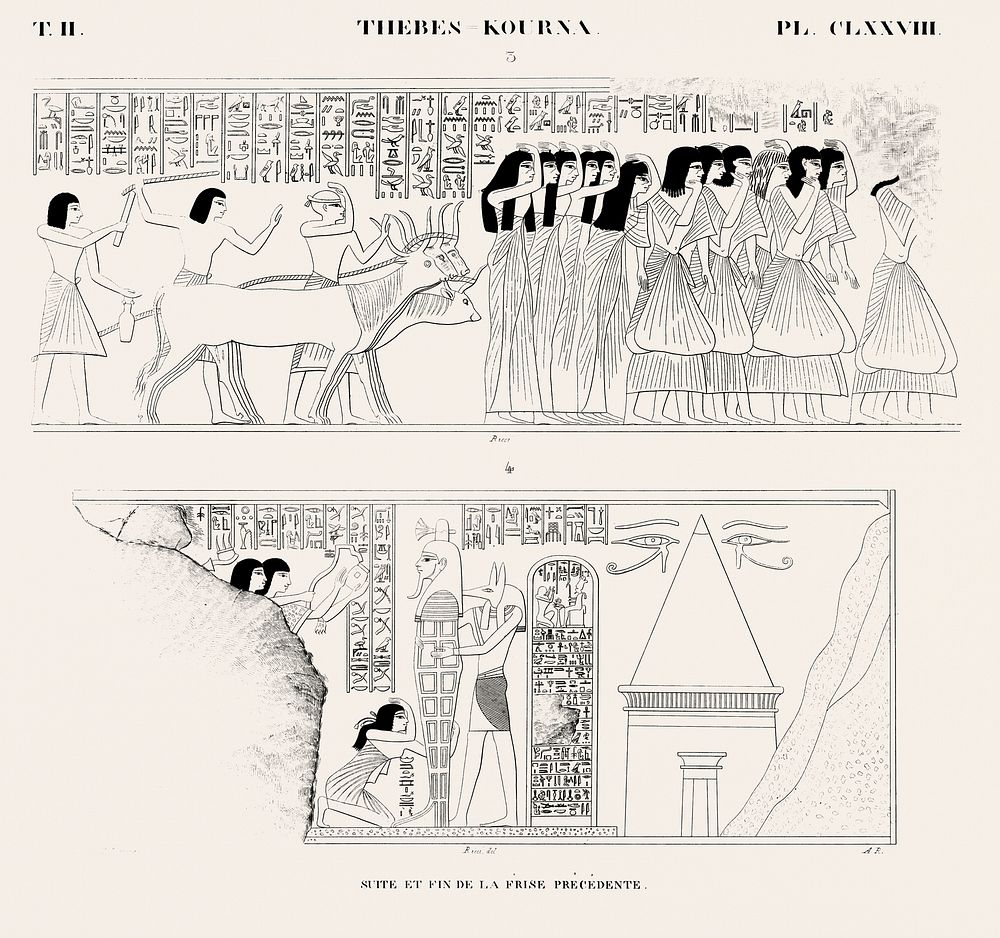 Vintage illustration of Continuation and end of the previous frieze from Monuments de l'&Eacute;gypte et de la Nubie.
