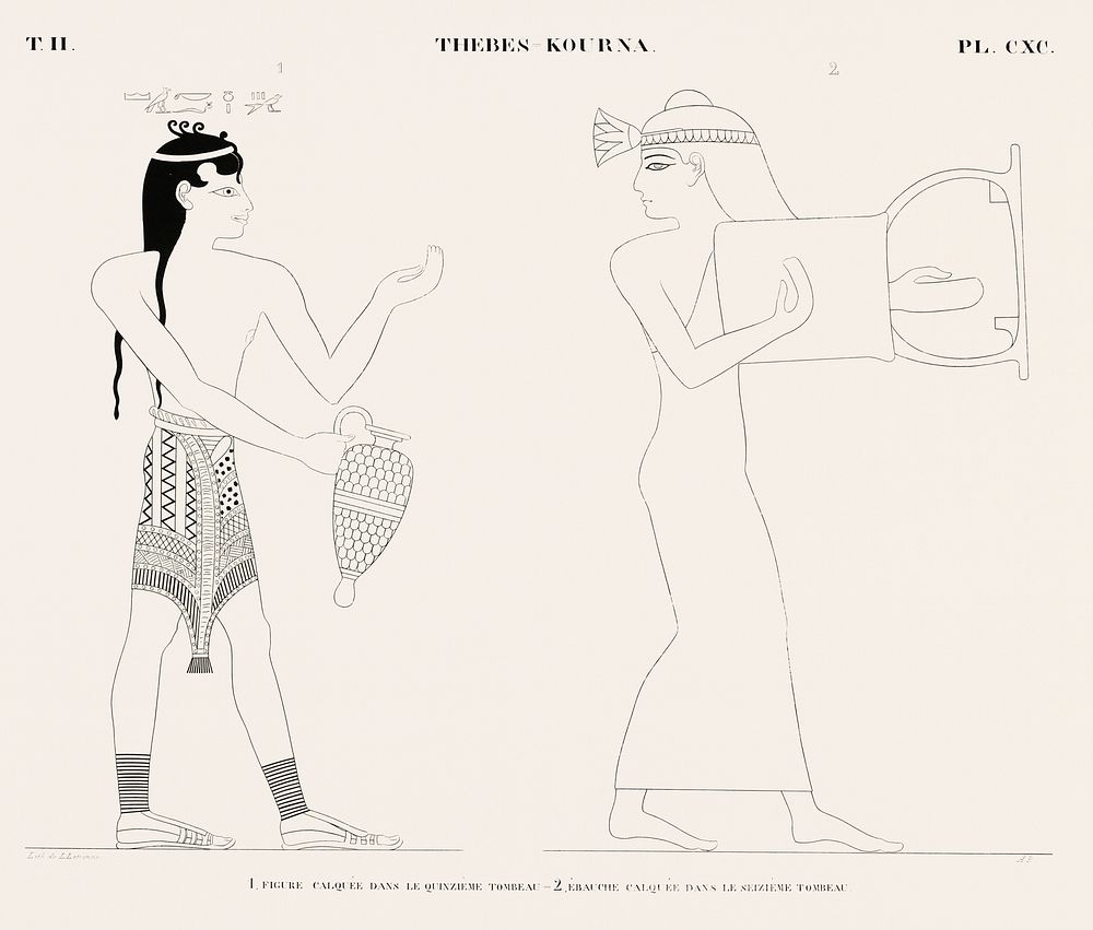 Vintage illustration of Figure tracing from fifteenth tombs and Draft tracing from sixteenth tomb from Monuments de…