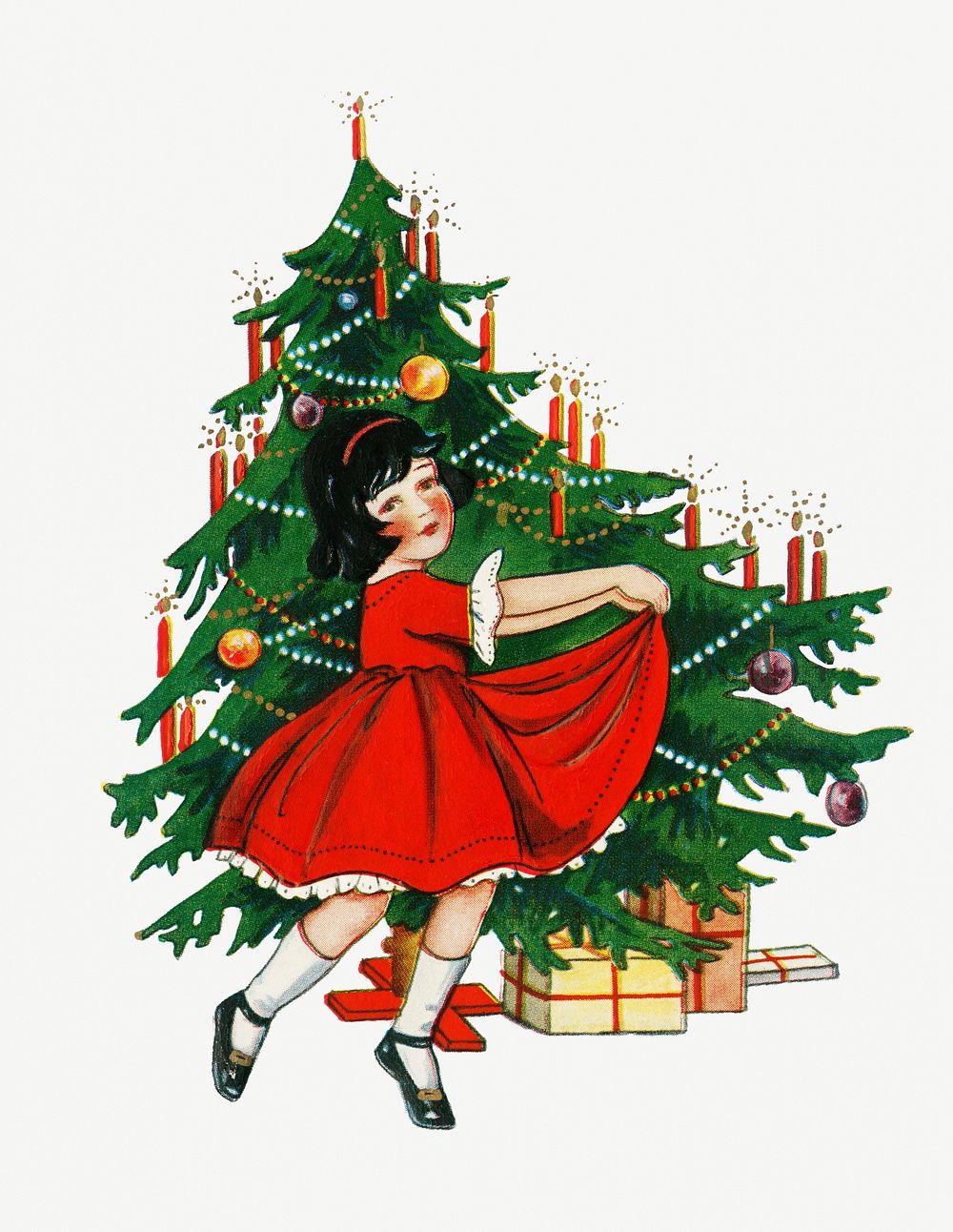 Little girl dancing next to a Christmas tree with gift boxes underneath