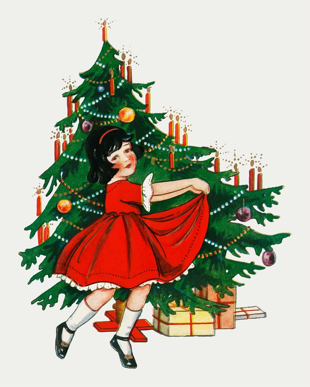 Little girl dancing next to a Christmas tree with gift boxes underneath vector