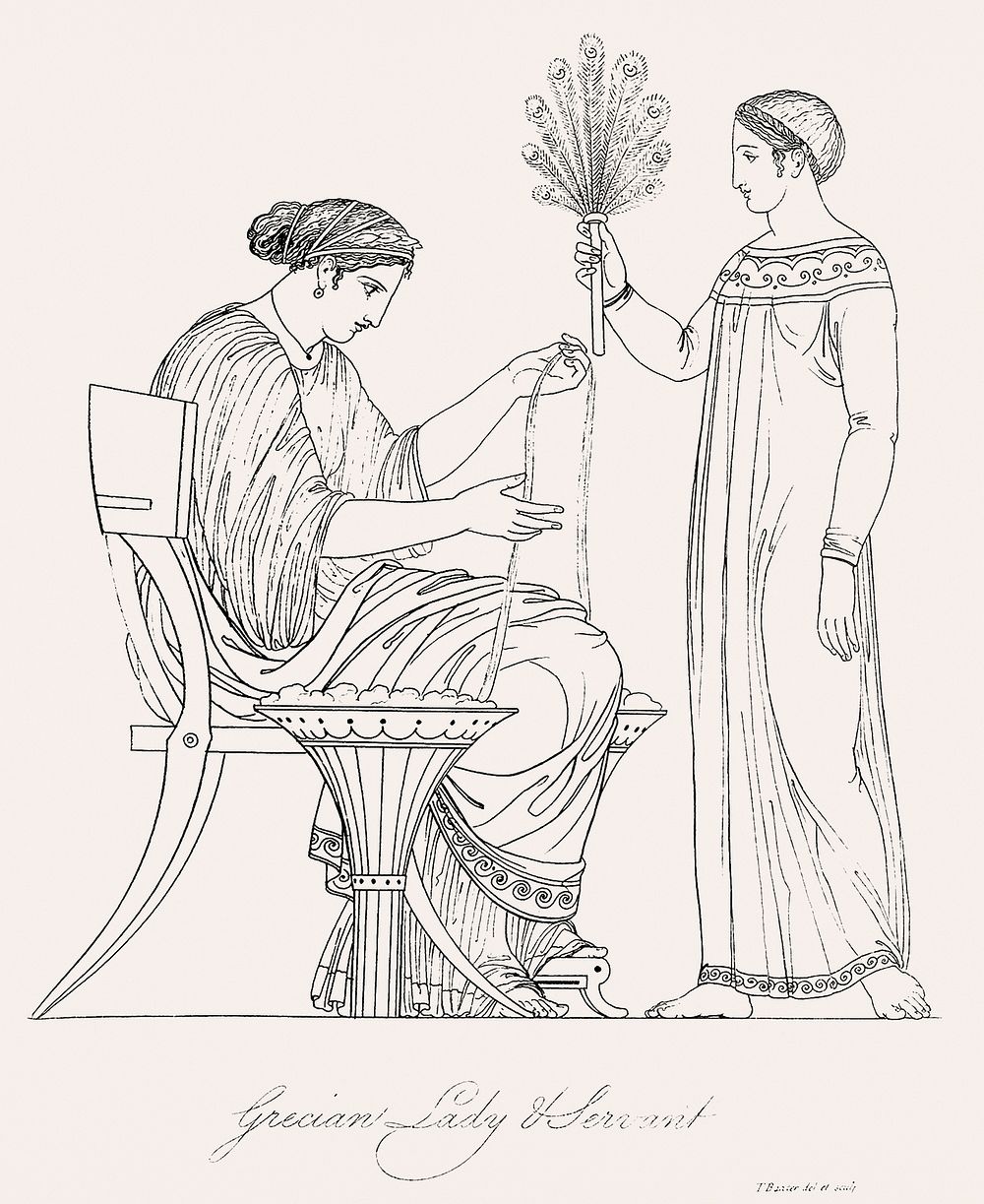 Vintage illustration of Grecian lady and servant