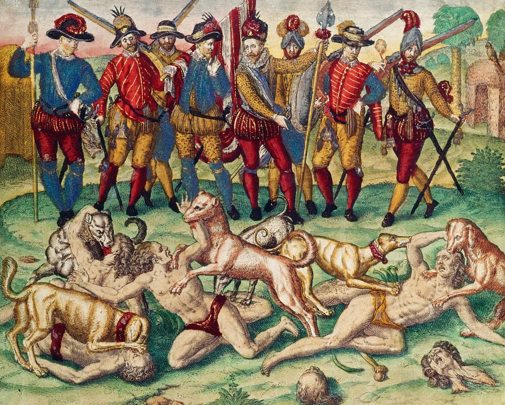 Indians being attacked by dogs illustration from Grand voyages (1596) by Theodor de Bry (1528-1598). Original from The New…