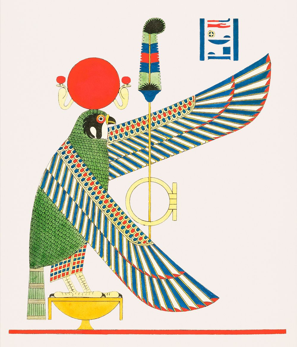 Vintage illustration of The winged disc and the hawk, emblems of Hermes Trismegistus