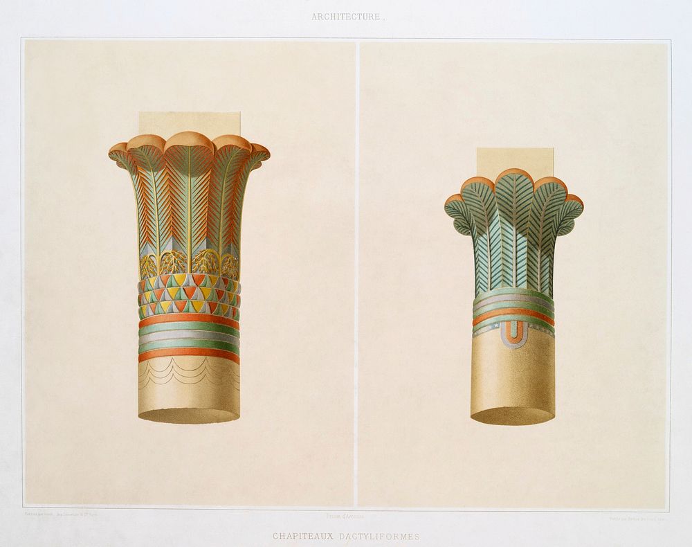 Dactyliform capitals from Histoire de l'art &eacute;gyptien (1878) by &Eacute;mile Prisse d'Avennes. Original from The New…