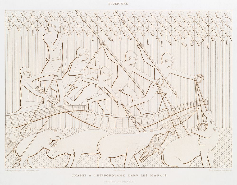 Hippopotamus hunt in the marshes from Histoire de l'art &eacute;gyptien (1878) by &Eacute;mile Prisse d'Avennes. Original…