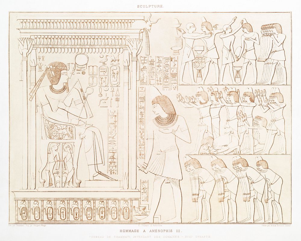 Tribute to Amenhotep III from Histoire de l'art &eacute;gyptien (1878) by &Eacute;mile Prisse d'Avennes. Original from The…