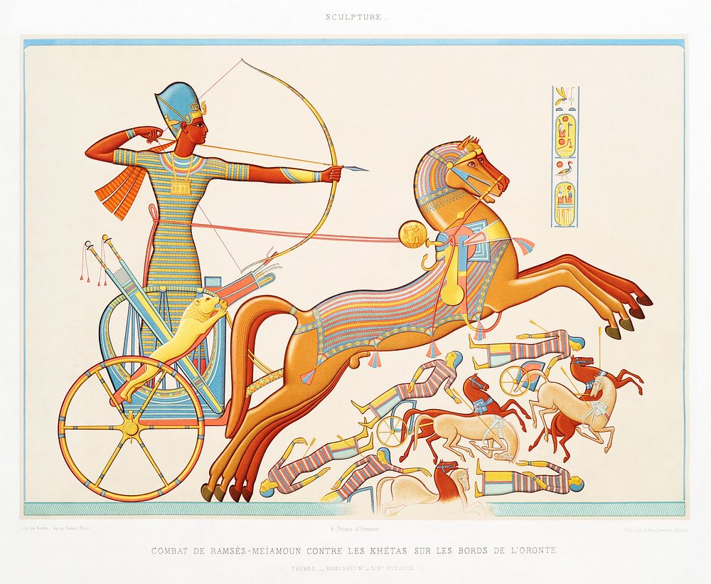 Ramses-Me&iuml;amoun fight against Katas on the edge of Orontes from Histoire de l'art &eacute;gyptien (1878) by…