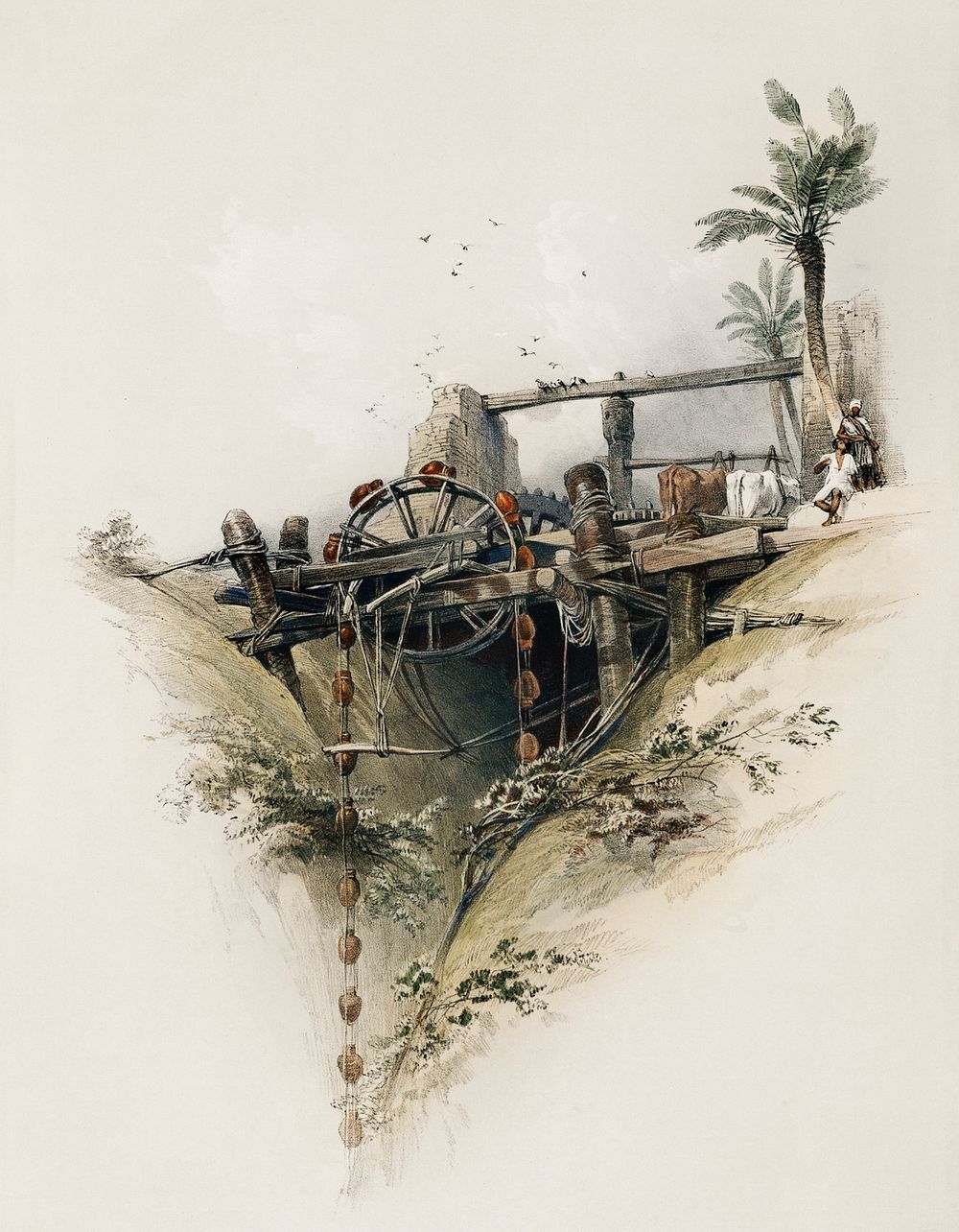 A Persian wheel used in raising water from the Nile illustration by David Roberts (1796&ndash;1864). Original from The New…