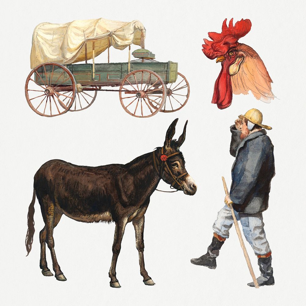 Classic farming stickers psd set hand drawn style, remixed from artworks by Samuel Colman