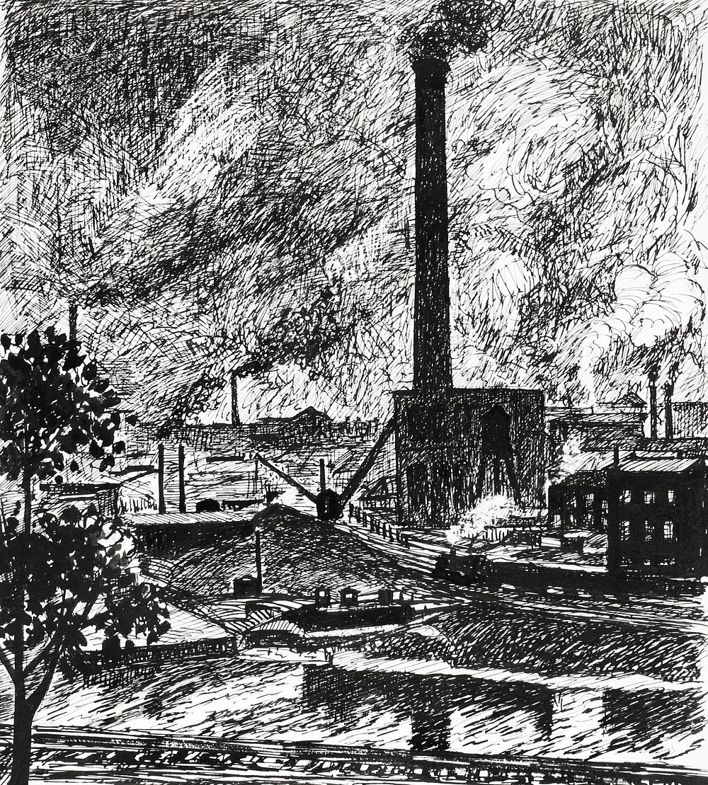 Industrial Scene drawing in high resolution by Henry Lyman Sayen (1875&ndash;1918). Original from the Smithsonian…