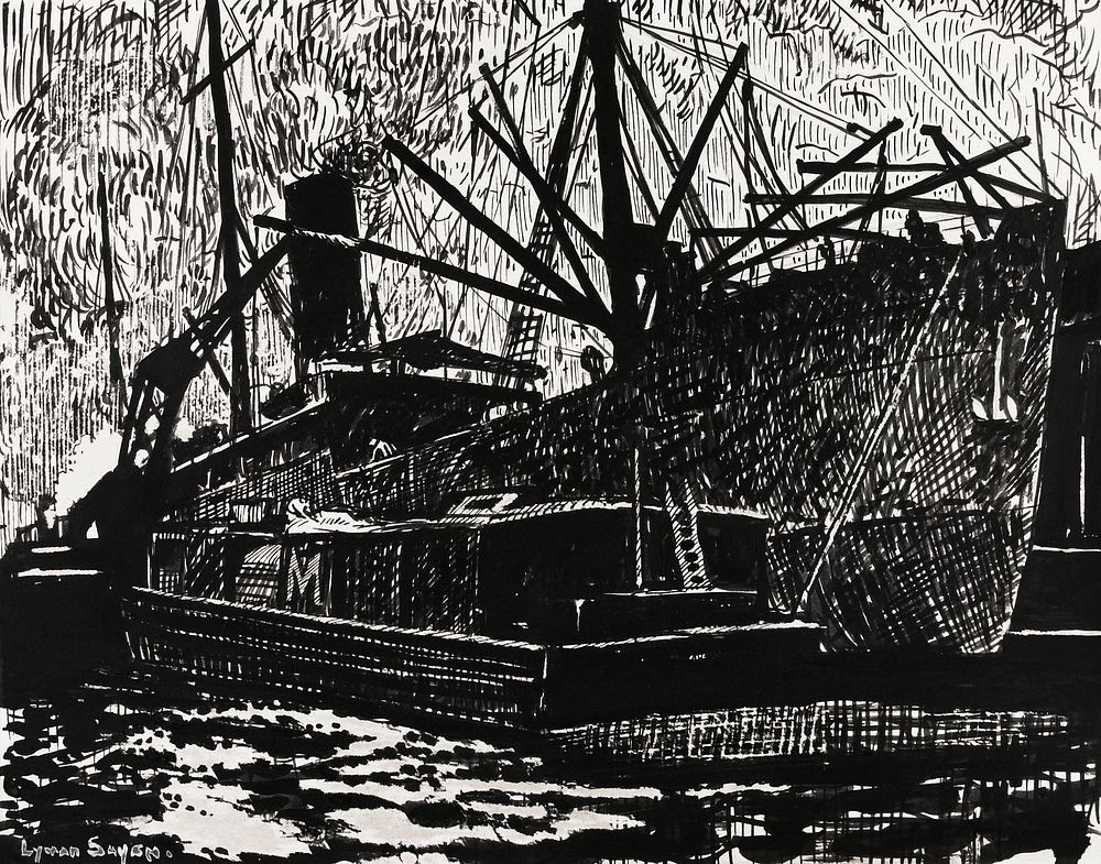 Liner and Tug (ca.1914&ndash;1918) drawing in high resolution by Henry Lyman Sayen. Original from the Smithsonian…