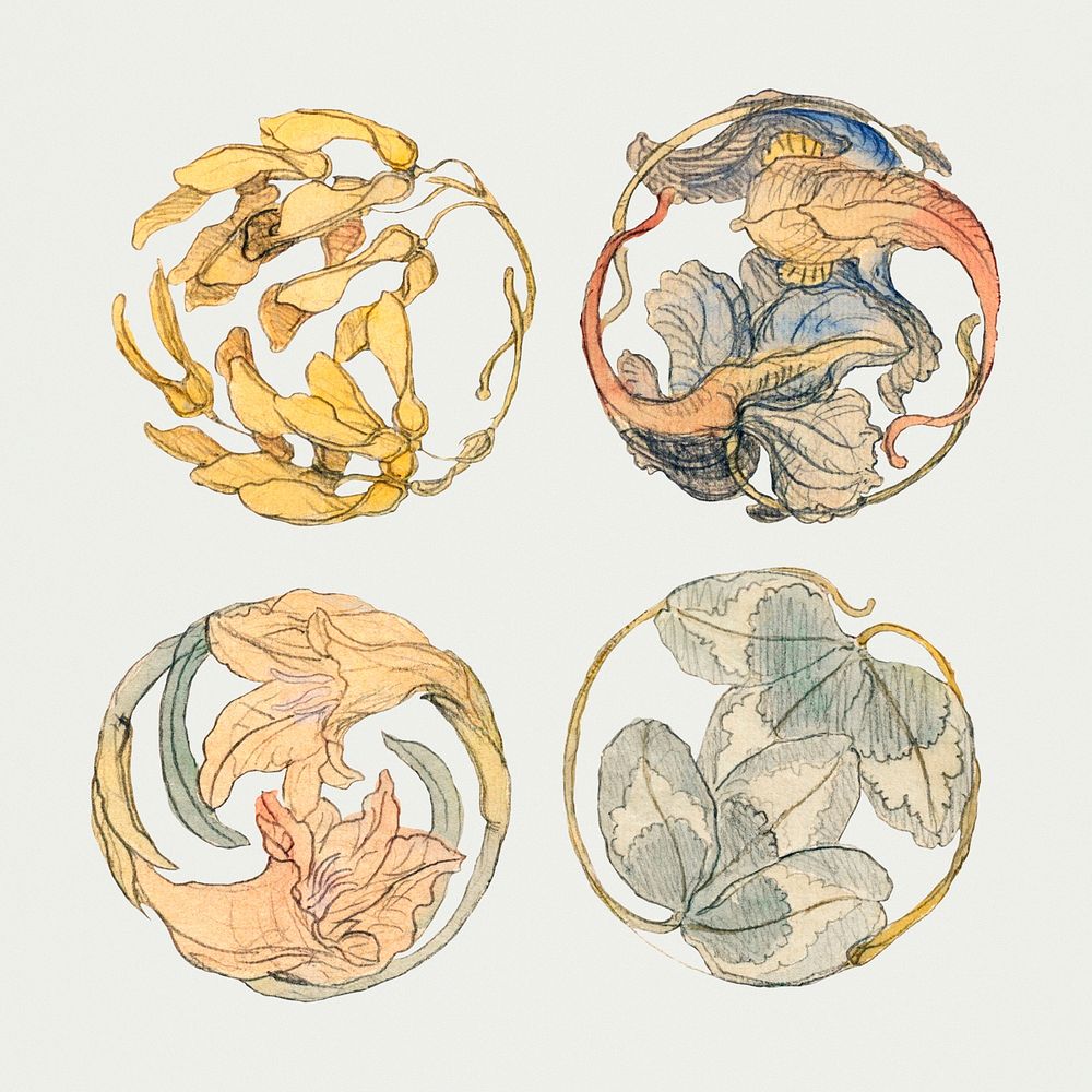 Flower Studies (Four Designs for Circular Ornaments) (1880&ndash;1890) by Samuel Colman. Original from The Smithsonian…