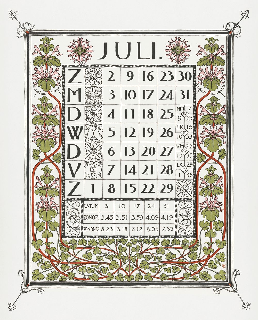 Calendar for July 1899 (1898) print in high resolution by Gerrit Willem Dijsselhof. Original from the Rijksmuseum. Digitally…