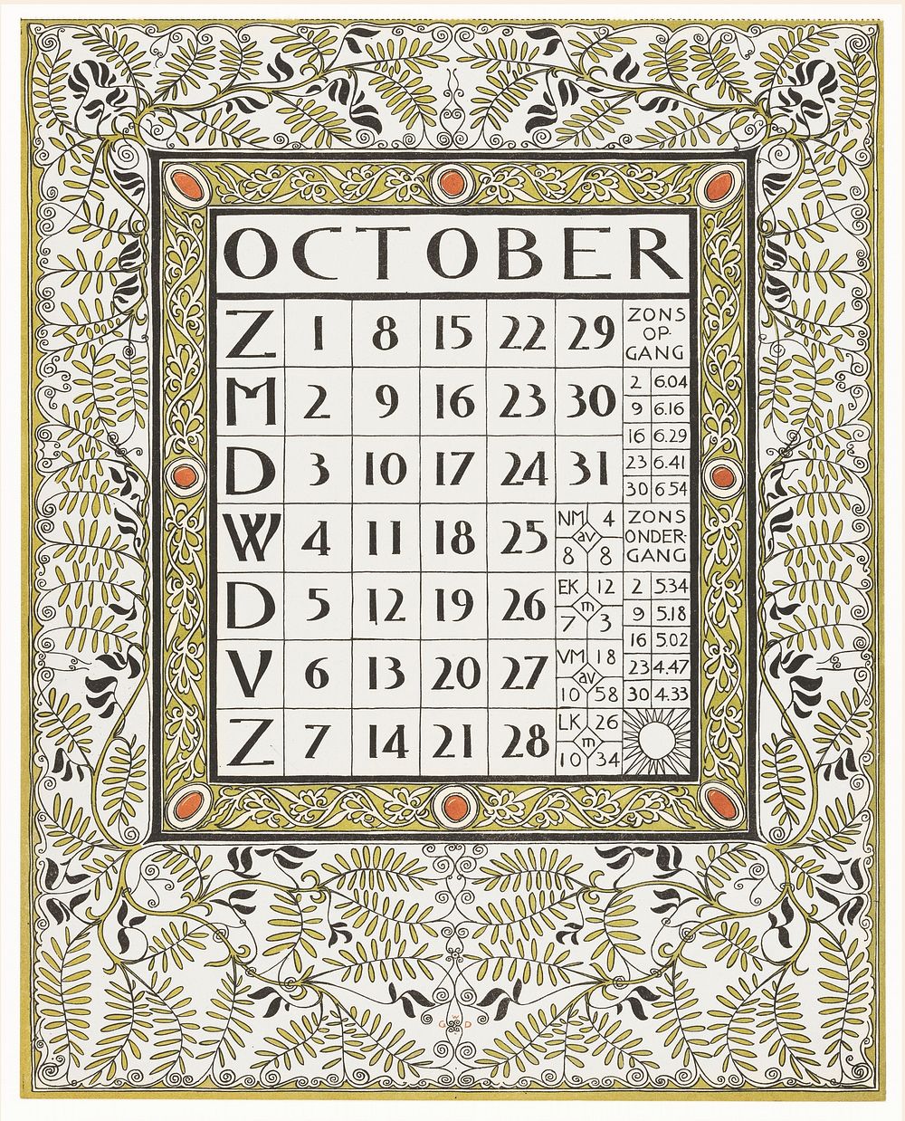 Calendar for October 1899 (1898) print in high resolution by Gerrit Willem Dijsselhof. Original from the Rijksmuseum.…