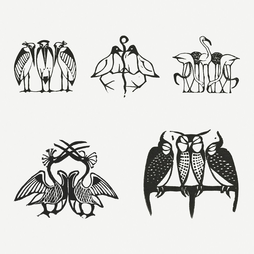 Vintage bird psd animal print set, remixed from artworks by Gerrit Willem Dijsselhof