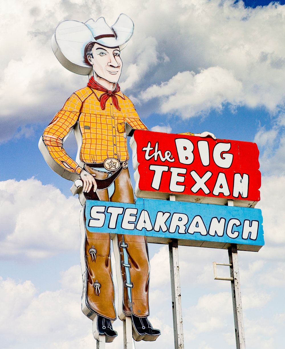 The Big Texan Steak Ranch restaurant sign in Amarillo, Texas. Original image from Carol M. Highsmith&rsquo;s America…