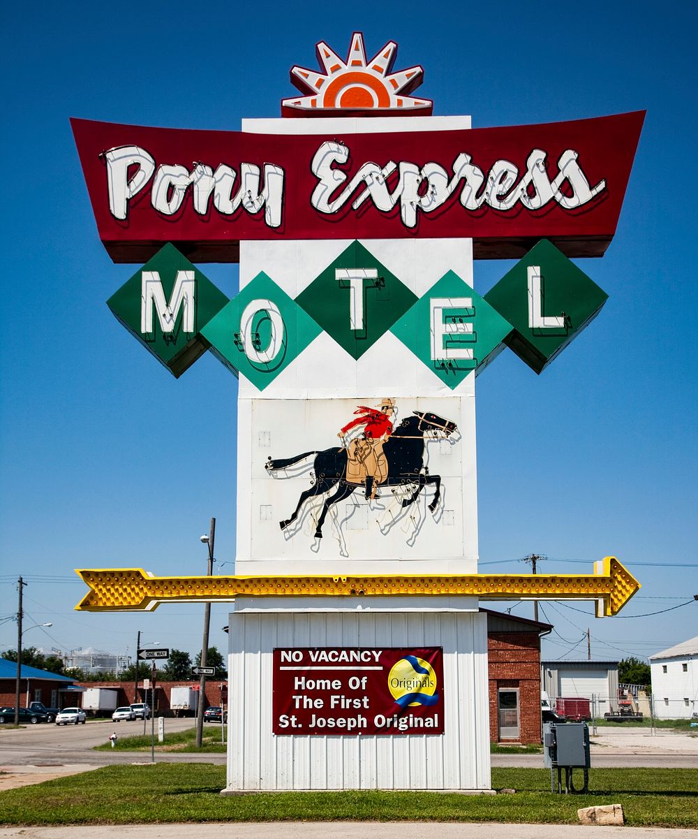 Pony Express Motel sign in St. Joseph, Missouri. Original image from Carol M. Highsmith&rsquo;s America, Library of Congress…