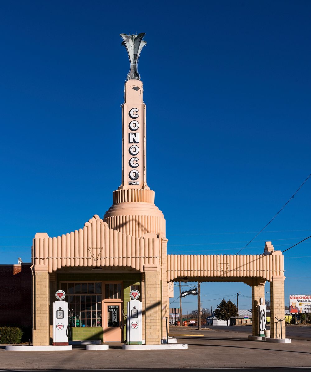 Conoco gasoline station in Shamrock, Texas. Original image from Carol M. Highsmith&rsquo;s America, Library of Congress…