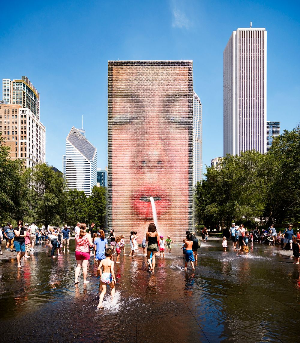 Artist Jaume Plensa&rsquo;s 2004 interactive Crown Fountain on Michigan Avenue in Chicago, the largest city in Illinois and…