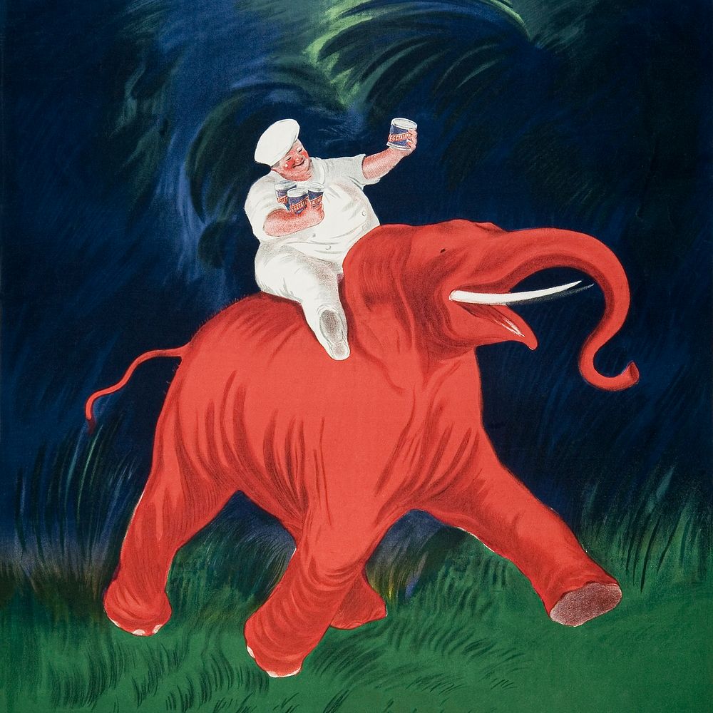 Man riding an elephant with product advertising print, remixed from artworks by Leonetto Cappiello